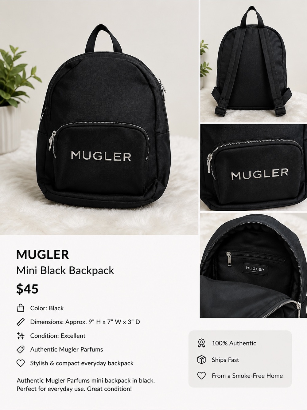 Mugler Black Mini Backpack with Front Logo Pocket